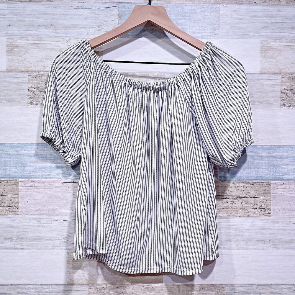 LOFT Zig Zag Striped Off The Shoulder Top White Black Womens XSP XS Petite